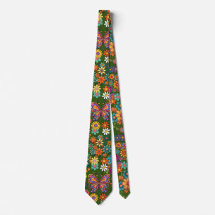 Retro colourful flowers pattern. D Green BG Tie