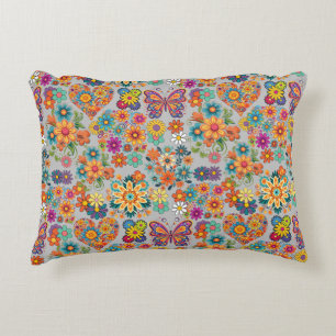 Retro colourful flowers pattern. L Grey BG Accent Pillow