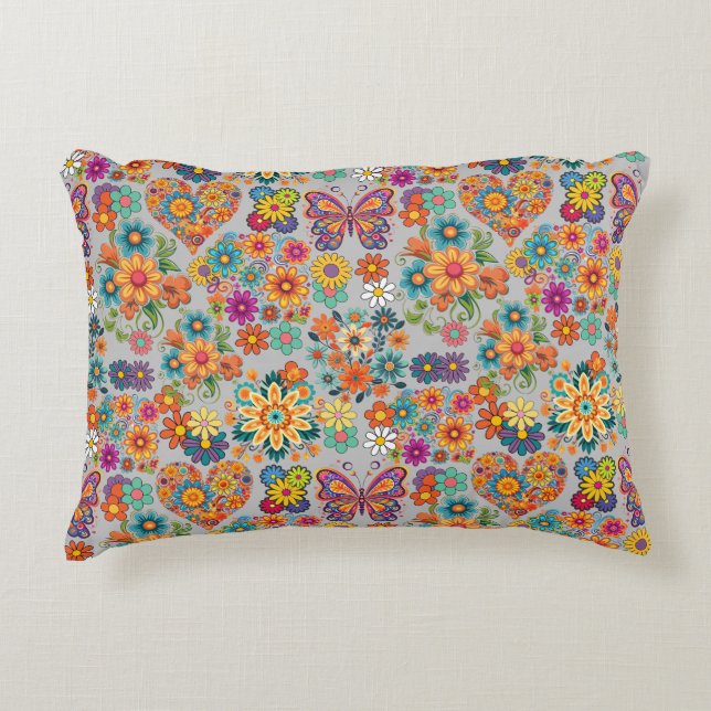 Retro colourful flowers pattern. L Grey BG Accent Pillow (Front)