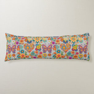 Retro colourful flowers pattern. L Grey BG Body Pillow