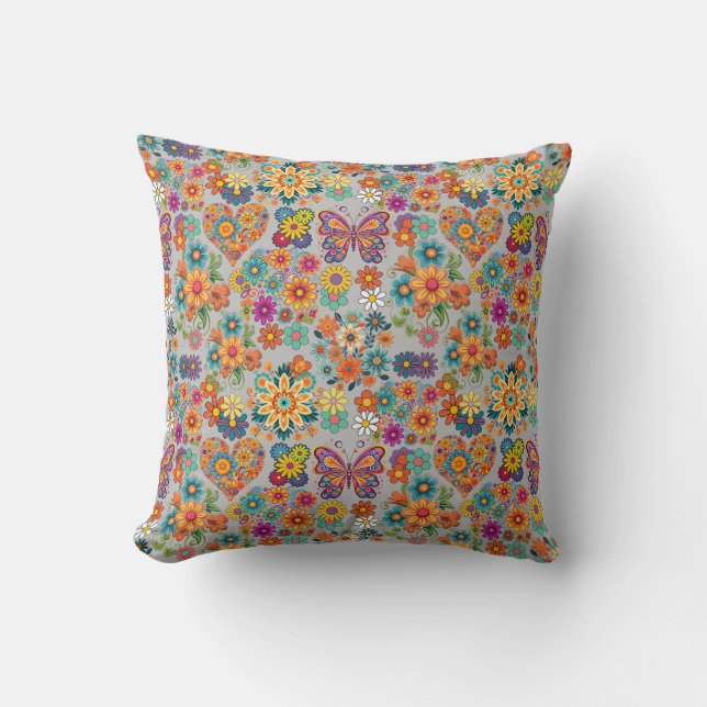 Retro colourful flowers pattern. L Grey BG Lumbar Pillow (Front)