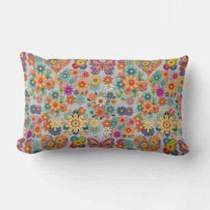 Retro colourful flowers pattern. L Grey BG Lumbar Pillow