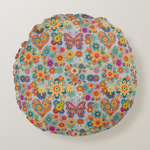 Retro colourful flowers pattern. L Grey BG Round Pillow