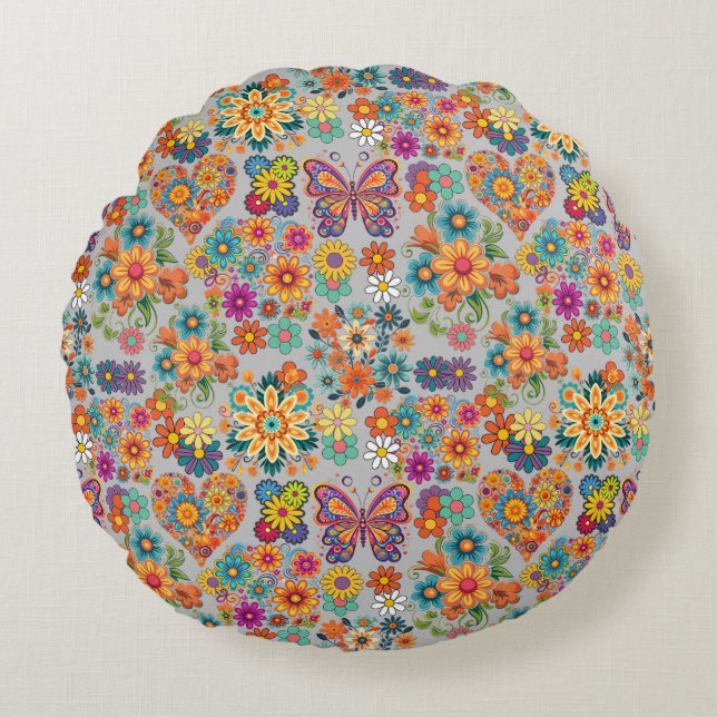 Retro colourful flowers pattern. L Grey BG Round Pillow (Front)