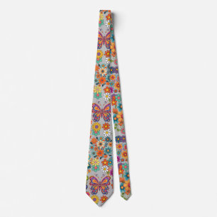 Retro colourful flowers pattern. L Grey BG Tie