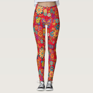 Retro colourful flowers pattern. Red BG Leggings