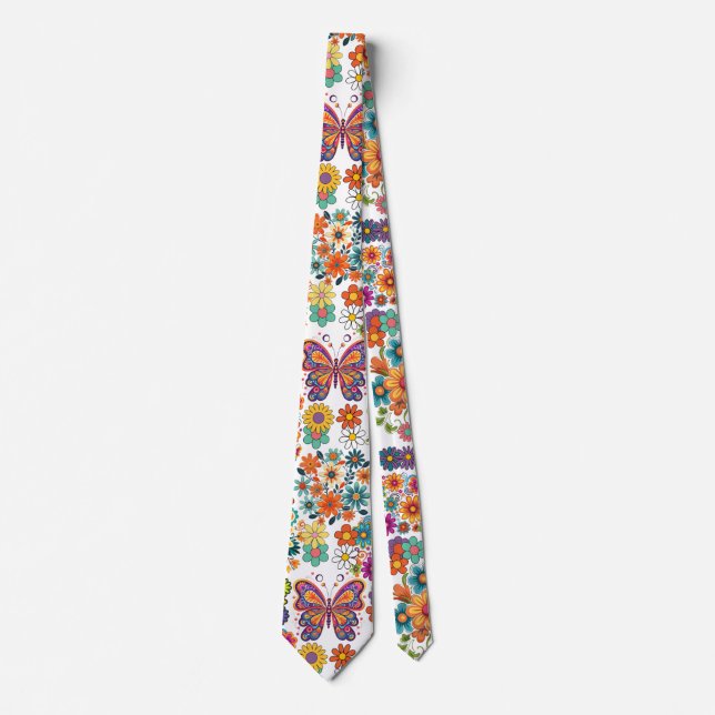 Retro colourful flowers pattern. White BG Tie (Front)