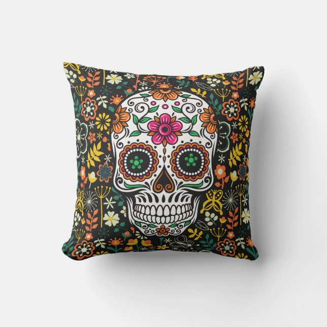 Retro Colourful Flowers & Sugar Skull Outdoor Pillow (Front)