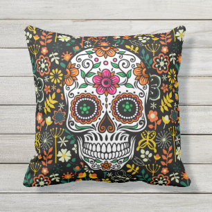 Retro Colourful Flowers & Sugar Skull Outdoor Pillow