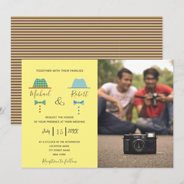Retro Colourful Gay Photo Wedding Invitation (Front/Back)