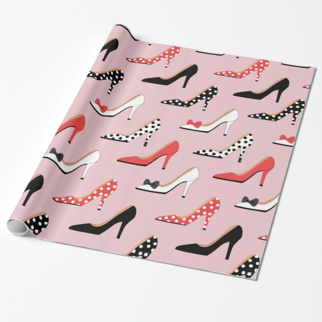 Retro Colourful Girly High Heel Pump Shoes Pattern Wrapping Paper (Unrolled)