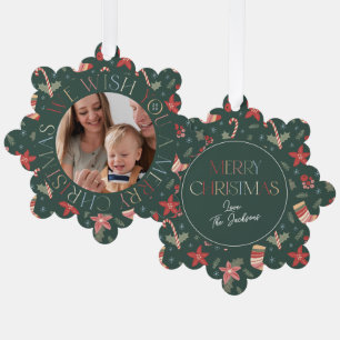 Retro Colourful Green Christmas Floral Photo Ornament Card
