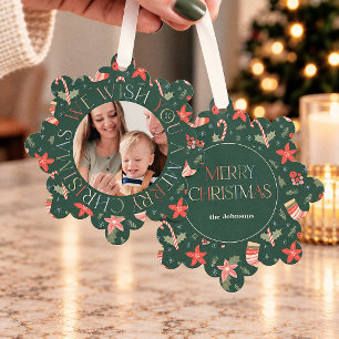 Retro Colourful Green Christmas Floral Photo Ornament Card