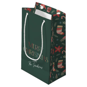 Retro Colourful Green Merry Christmas Small Gift Bag