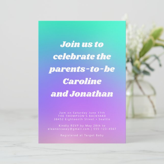 Retro Colourful Green Purple Gradient Baby Shower Invitation (Standing Front)