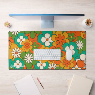 Retro Colourful Groovy Flower Script Name Desk Mat