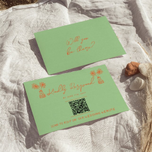 Retro Colourful Hand Drawn Bright QR Code Wedding RSVP Card (Creator Uploaded)