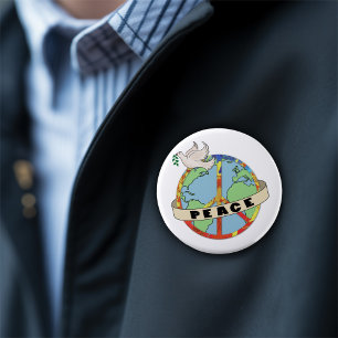 Retro Colourful Hand Drawn World Peace with Dove 4 Inch Round Button