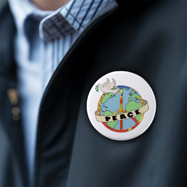 Retro Colourful Hand Drawn World Peace with Dove 4 Inch Round Button (Creator Uploaded)