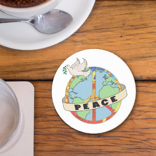 Retro Colourful Hand Drawn World Peace with Dove Coaster