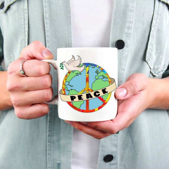 Retro Colourful Hand Drawn World Peace with Dove Coffee Mug (Creator Uploaded)