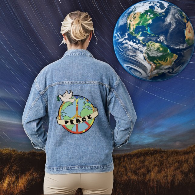 Retro Colourful Hand Drawn World Peace with Dove Denim Jacket (Creator Uploaded)