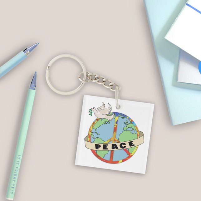 Retro Colourful Hand Drawn World Peace with Dove Keychain (Creator Uploaded)