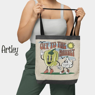 Retro Colourful Happy Mom Vegetable Market Tote Bag