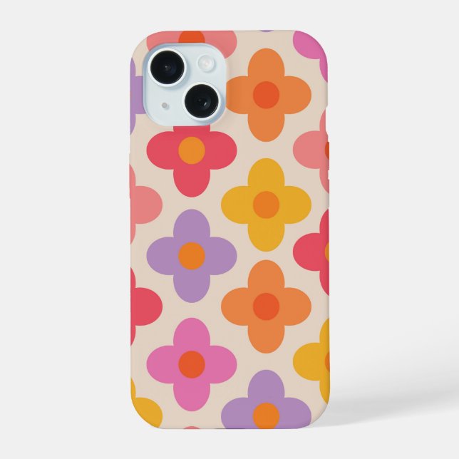 Retro Colourful Hippie Mod Flowers Pattern  iPhone 15 Case (Back)