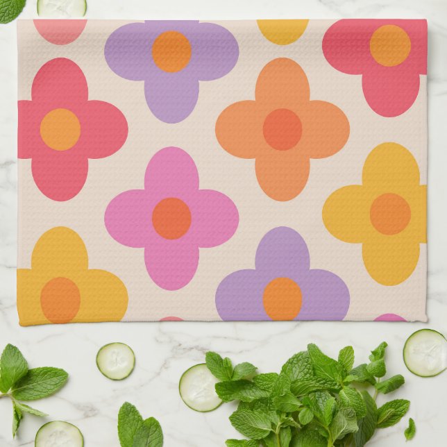 Retro Colourful Hippie Mod Flowers Pattern  Kitchen Towel (Folded)