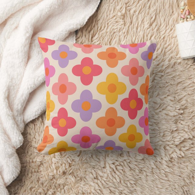 Retro Colourful Hippie Mod Flowers Pattern  Throw Pillow (Blanket)