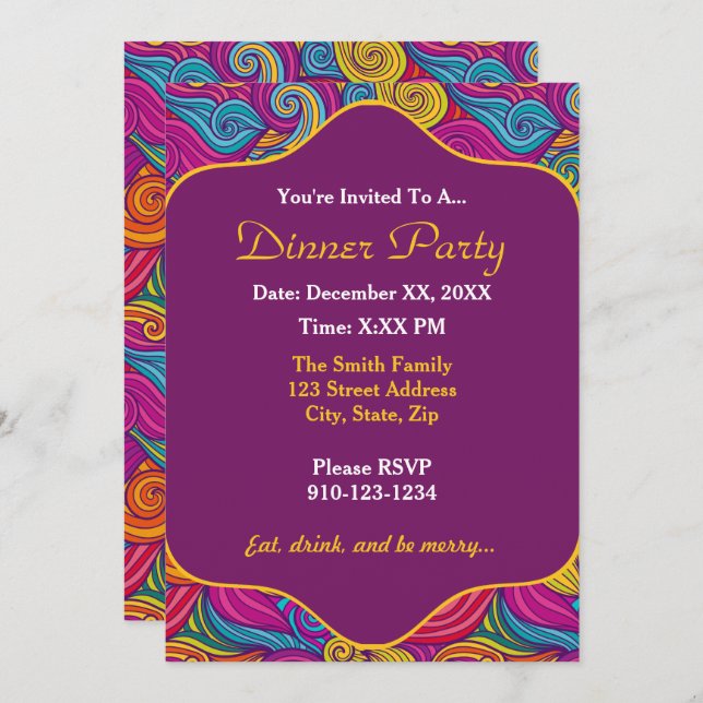 Retro Colourful Jewel Tone Swirly Wave Pattern Invitation (Front/Back)