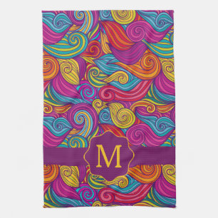 Retro Colourful Jewel Tone Swirly Wave Pattern Kitchen Towel