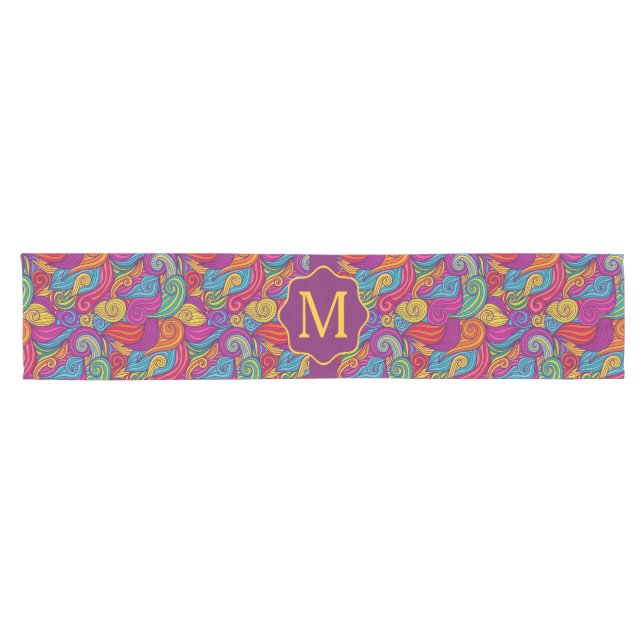 Retro Colourful Jewel Tone Swirly Wave Pattern Short Table Runner (Horizontal)