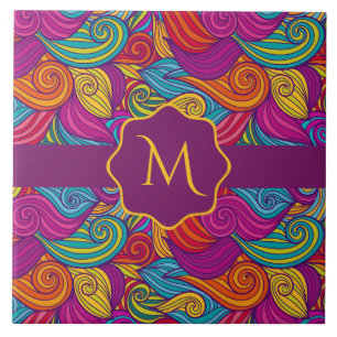 Retro Colourful Jewel Tone Swirly Wave Pattern Tile