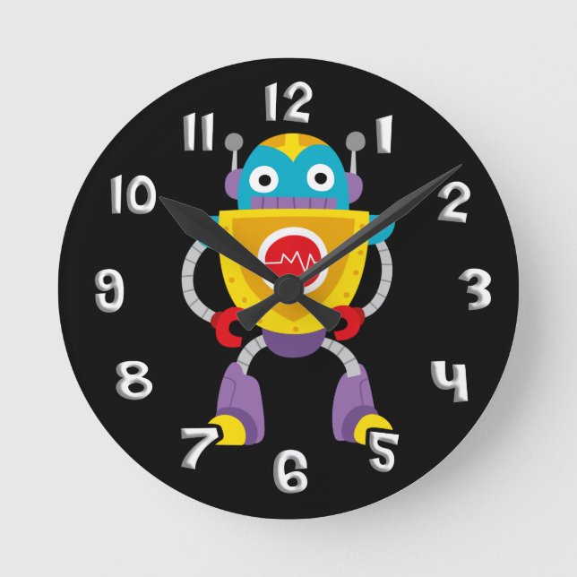 Retro Colourful Kids Robot Round Clock (Front)