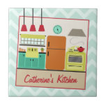 Retro Colourful Kitchen Tile<br><div class="desc">A kitchen tile featuring an illustration of a retro inspired kitchen decorated with a red,  turquoise,  orange,  and yellow colour scheme.  Personalize with your name in red.  Background is light blue with zig zags.</div>