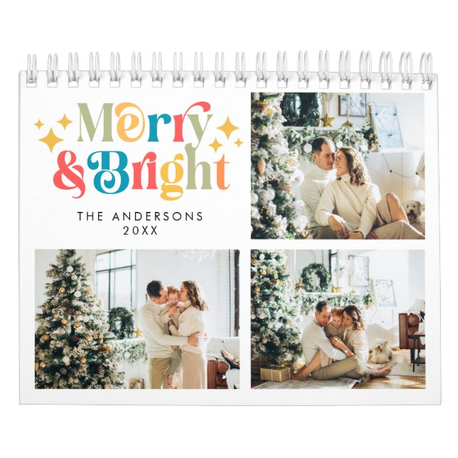 Retro Colourful Merry & Bright 3 Photo Christmas Calendar (Cover)