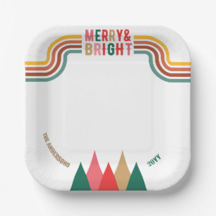 Retro Colourful Merry Bright Christmas Party  Paper Plate