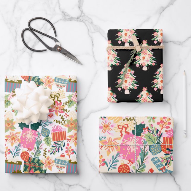 retro colourful modern christmas holiday wrapping paper sheet (Front)