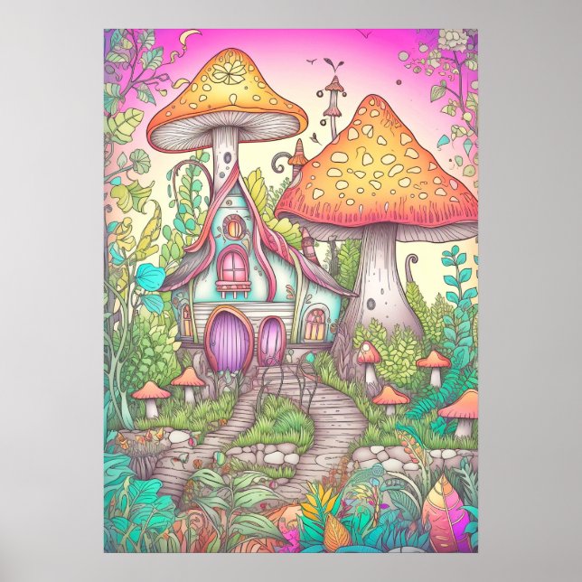 Retro Colourful Mushroom Forest Dwelling Poster (Front)