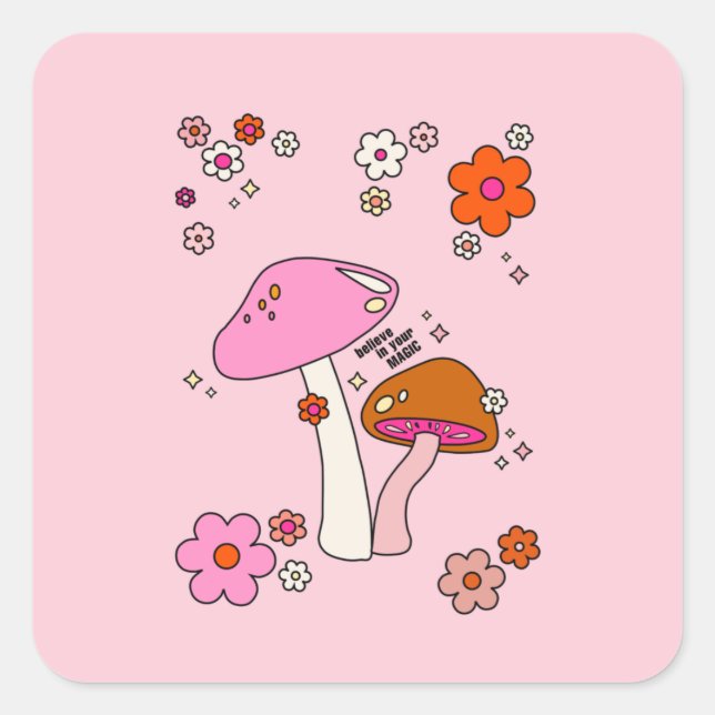 Retro Colourful Mushrooms And Flowers Pink Square Sticker (Front)