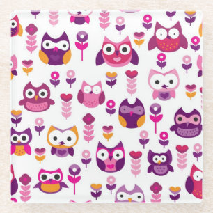 retro colourful owl bird pattern glass coaster