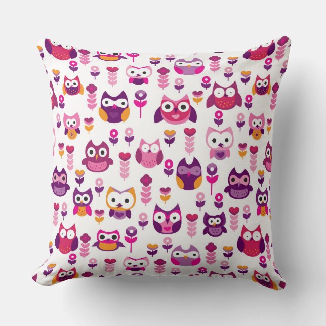 retro colourful owl bird pattern throw pillow (Front)