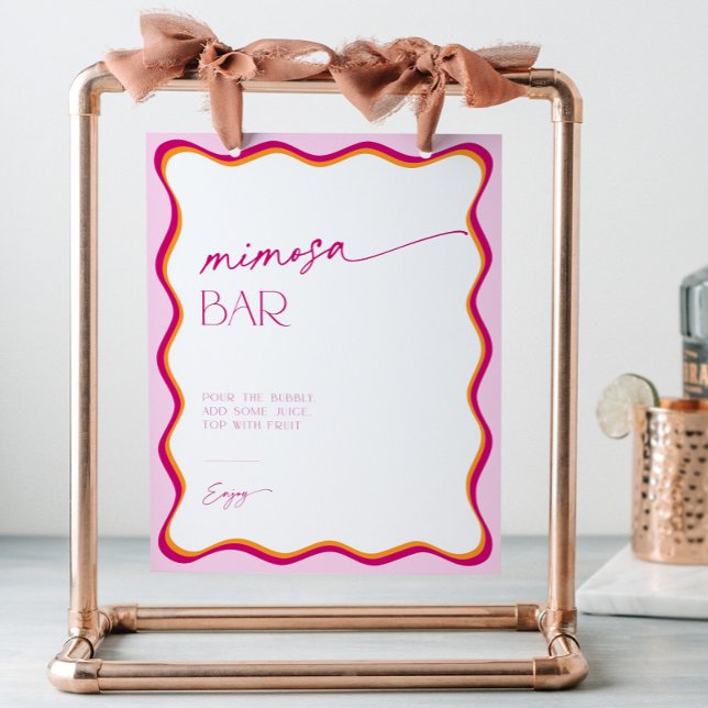 Retro Colourful Pink Orange Wavy Border Mimosa Bar Pedestal Sign (Pink and orange wavy border mimosa bar sign)