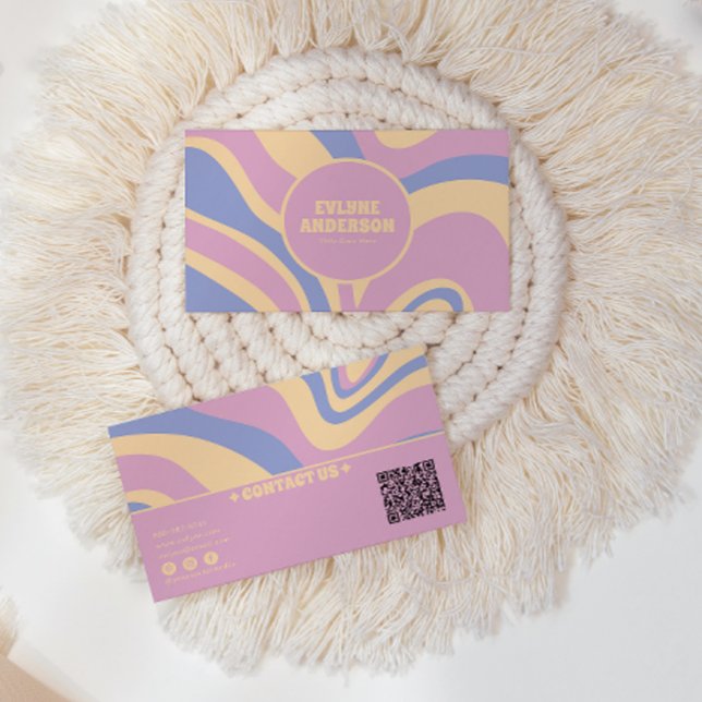 Retro Colourful QR Code Girly Groovy Wavy Lines Business Card (Creator Uploaded)