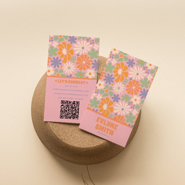 Retro Colourful QR Code Groovy Floral Girly Drawn Business Card (Creator Uploaded)