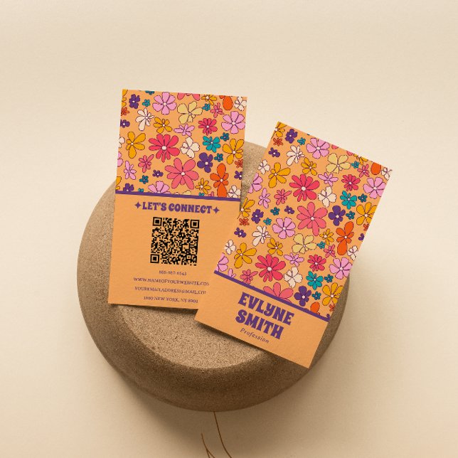 Retro Colourful QR Code Groovy Floral Trendy Boho Business Card (Creator Uploaded)