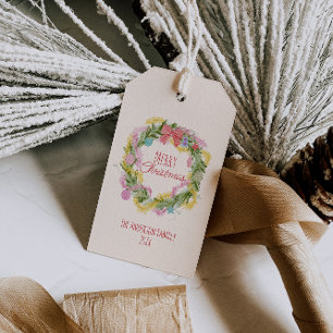 Retro Colourful Quirky Merry Christmas Bow Wreath  Gift Tags