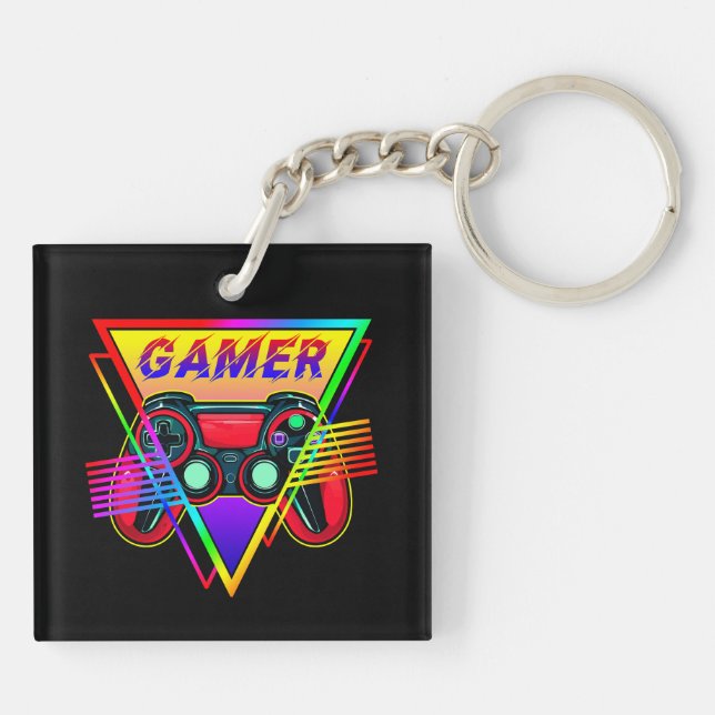 Retro Colourful Rainbow Gamer Computer Gaming  Keychain (Back)